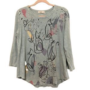 Jess & Jane Tunic Top Womens Medium Blue Mineral Washed Boho Artsy Cat Novelty